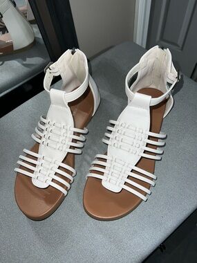 Women’s White Strappy Heel-Zip Sandals